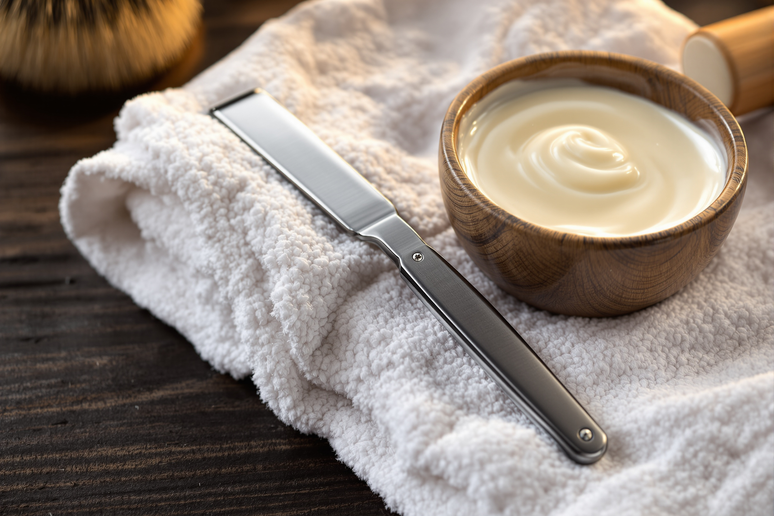 Straight razor and shaving brush on a wooden counter