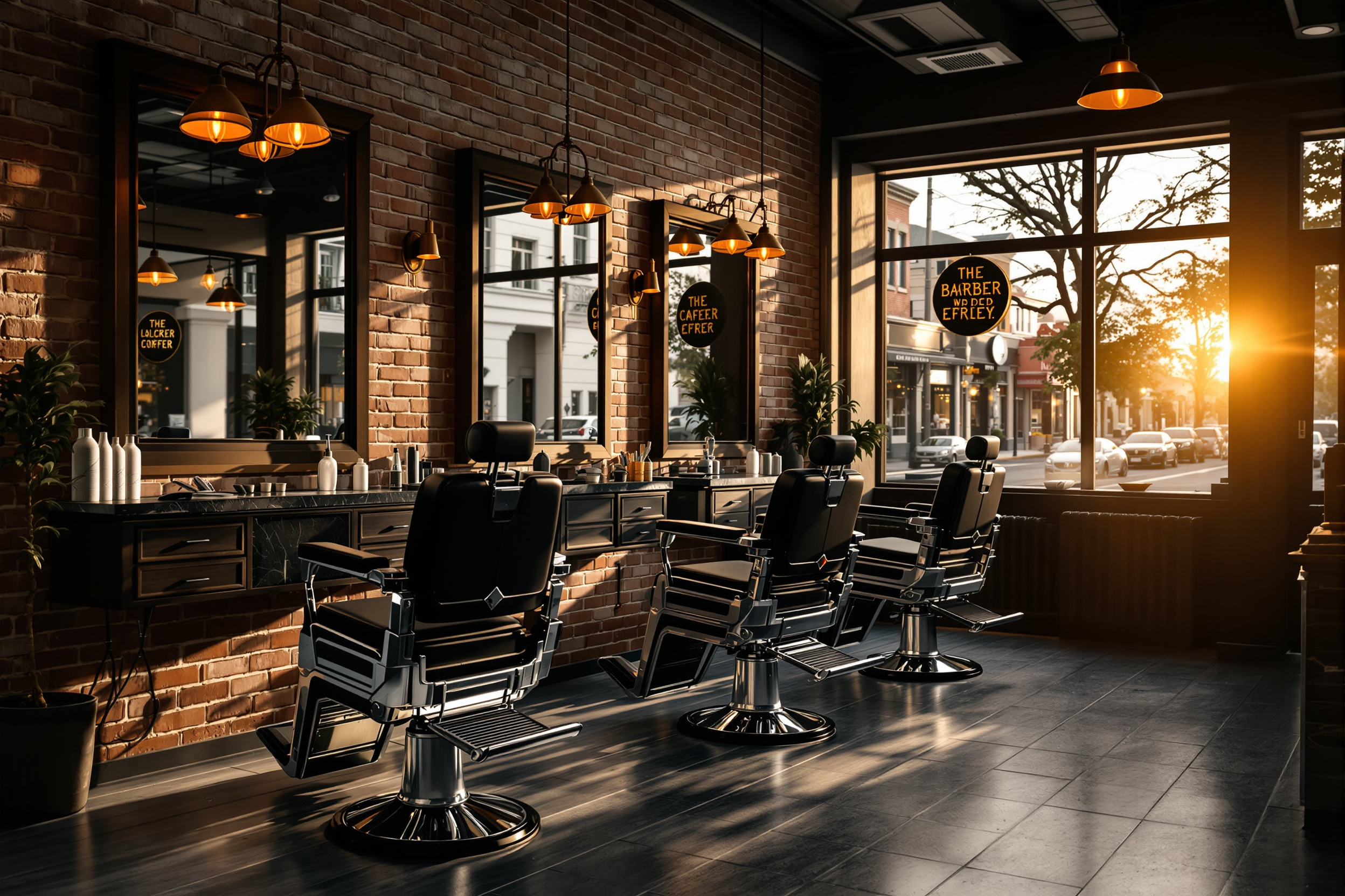 Interior of San Ramon Barbershop with classic chairs and warm lighting