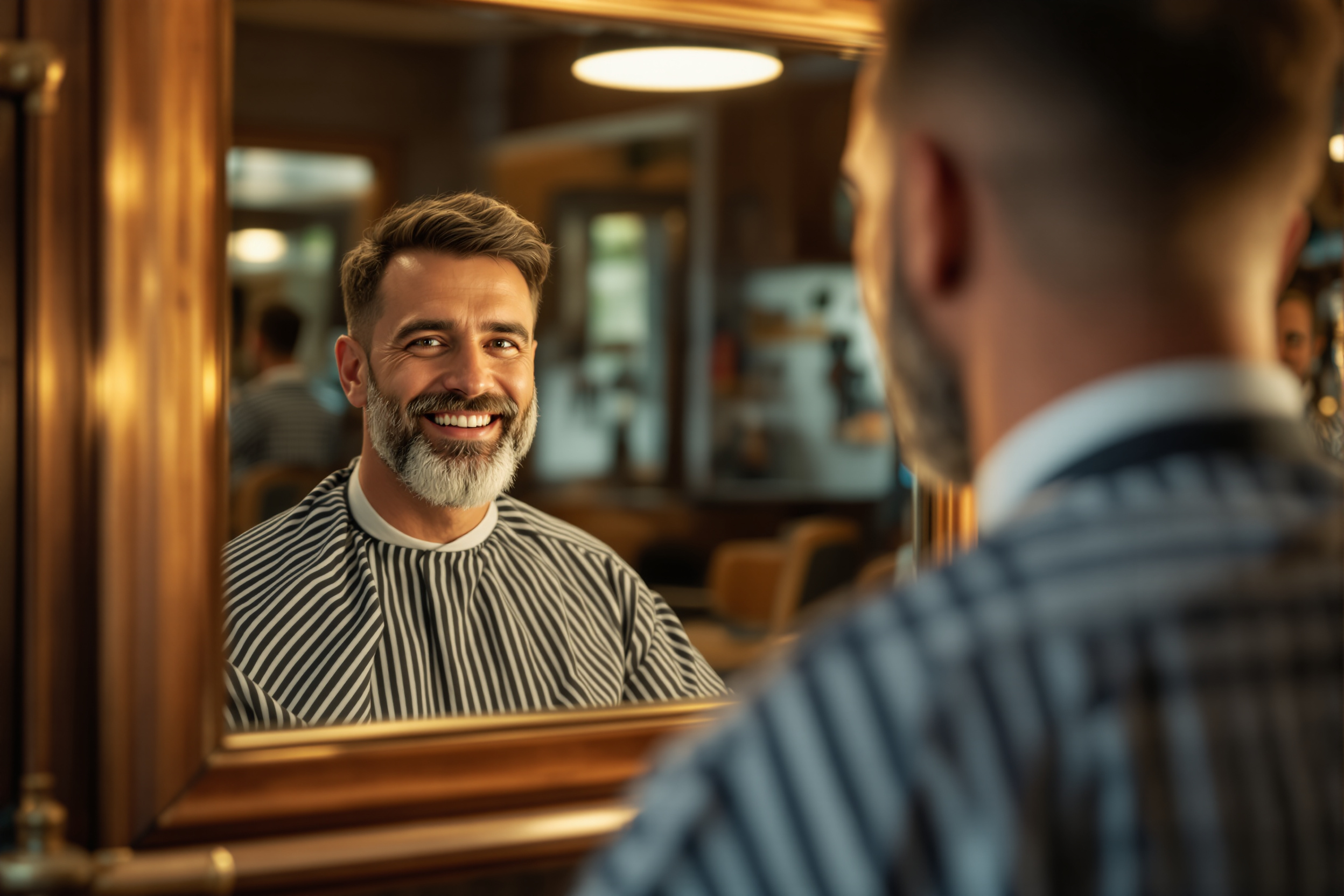 Satisfied client checking out their fresh haircut