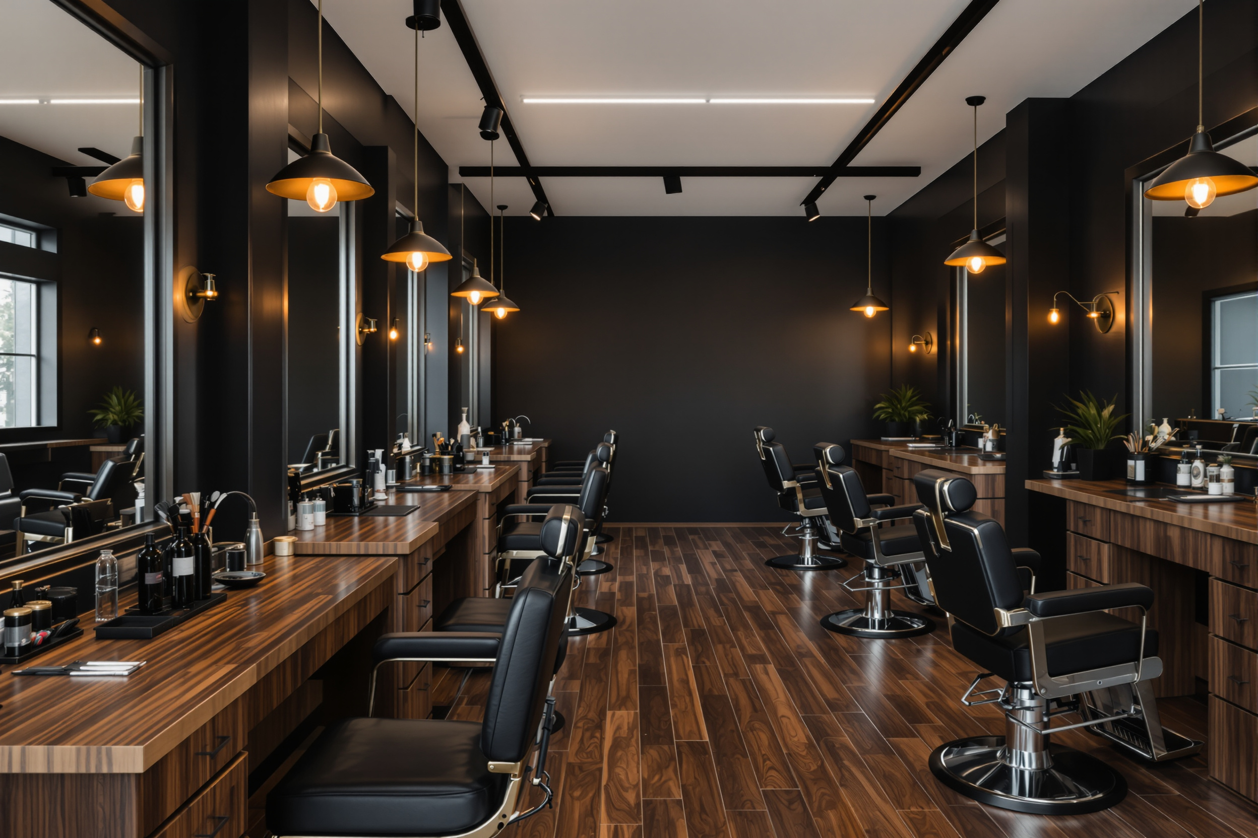 Interior overview of San Ramon Barbershop showing service stations